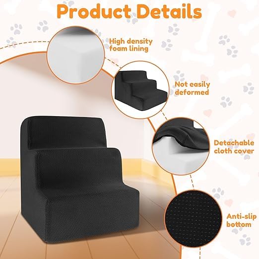 NIHUIFDPY Dog Steps for Bed 34x40x30cm, 3-Step High Density Foam Dog Stairs with Detachable Washable Cover & Non-Slip Bottom - Portable Pet Ladder for Small Dogs, Cats & Older Pets 3