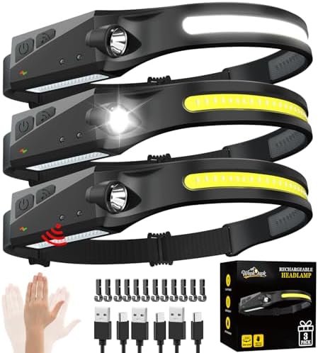 Rechargeable Headlamp 3PCS, 230° Wide Beam Head Lamp, Motion Sens...
