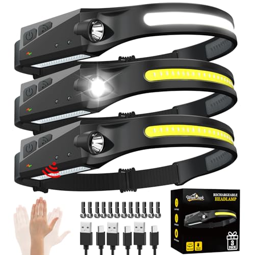 Rechargeable Headlamp 3PCS, 230° Wide Beam Head Lamp, Motion Sensor LED Headlamp Rechargeable, 5Mode Bright Headlamps for Adults, Head Lights for Forehead, Hard Hat Headlight, Camping Essentials Gear