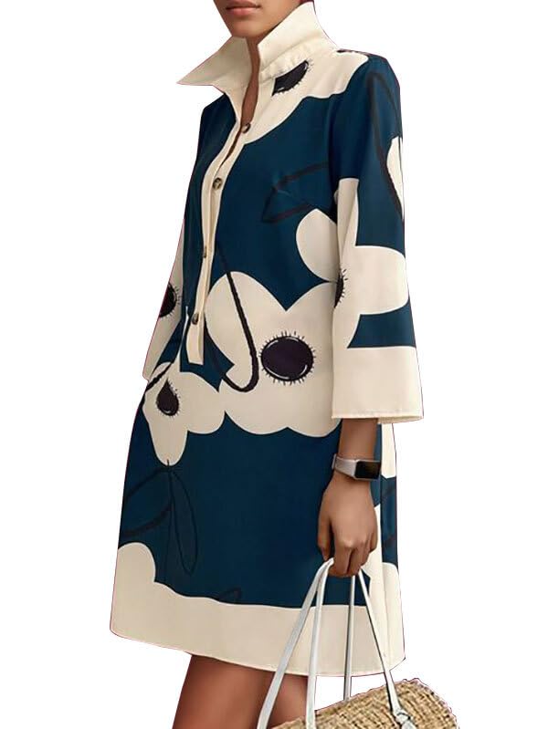 UOOZEE Summer Dresses for Women Casual Shirt Dress 3/4 Quarter Long Sleeve Printed Work Dress