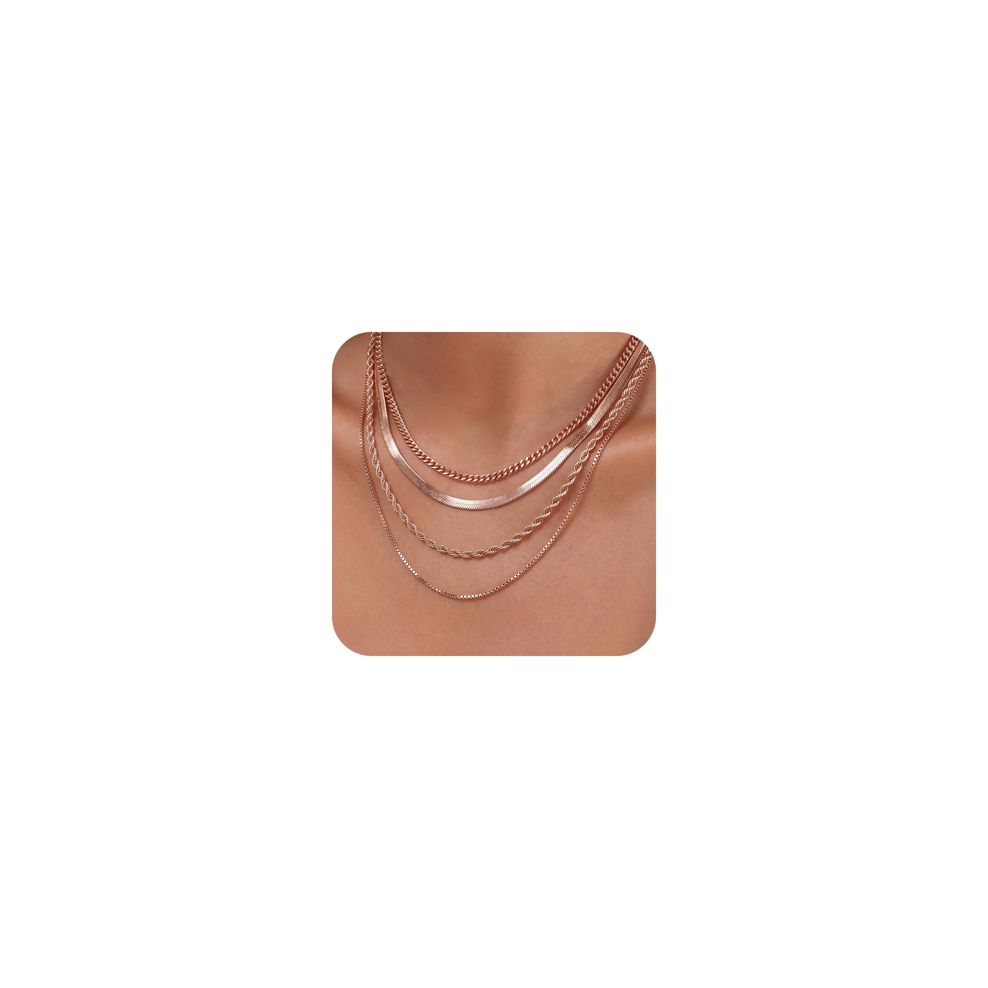 Tewiky Layered Necklaces for Women Non Tarnish- Chunky 14k Gold Plated Herringbone/Snake/Rope/Box/Cuban Link Chain for Women Waterproof Layering Stack Choker Necklace Trendy Dainty Tarnish Free Jewelry Set