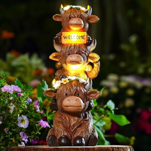 Garden Highland Cow Statue Solar Outdoor Decor with Flower Decoration Funny Triple Highland Cow Decor Birthday Gifts for Women Mom Highland Cows Figurine for Yard Garden Patio Lawn Ornaments