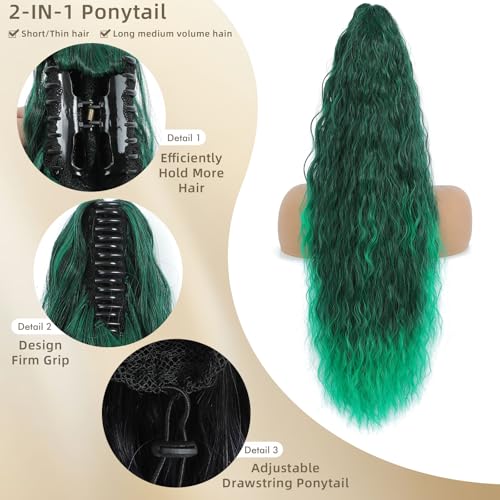 Image of Claw Clip Ponytail Extension 26In Long Wavy Curly Hair,Ombre Green