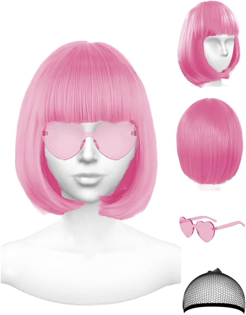PLANTURECO Pink Wigs and Party Sunglasses, Pink Bob Wig, Cosplay Wigs