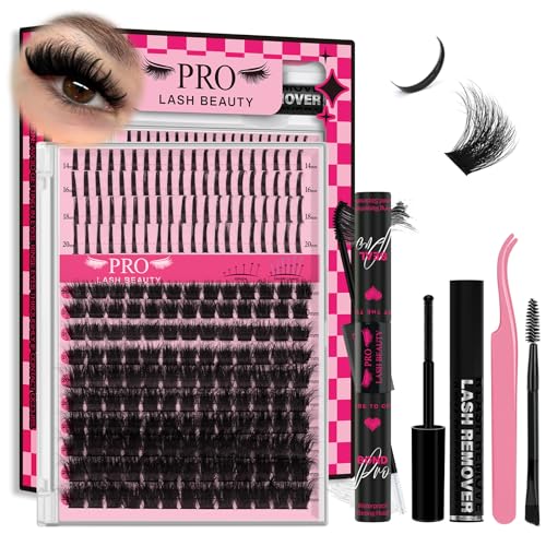 PROLASHBEAUTY Lash Clusters with Spikes Lash Clusters Kit 3D Style Wispy Spiky Eyelash 200D Individual Lashes Kit with Bond and Seal, Lash Tweezers (200D-D-10-18mix)