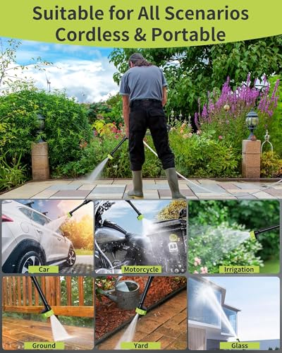Kevsuvqin Akku Hochdruckreiniger, 120Bar Hochdruckreiniger Akku mit Bürstenlosem Motor, 3 Stufen Einstellbar, Mobiler Hochdruckreiniger mit 2xAkku 4.0Ah und 6-IN-1 Düse für Autowäsche, Gartenreinigung