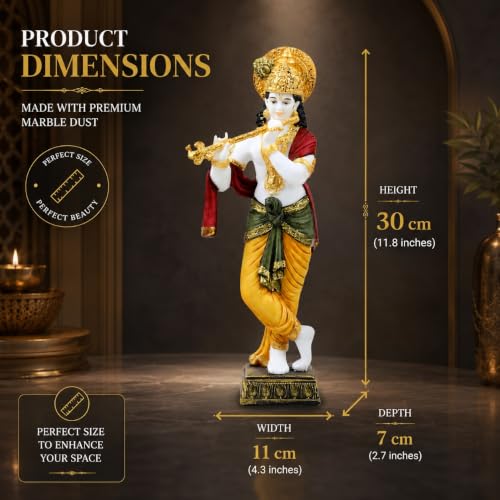Image of ARMONIA Lord Krishna Idol Marble Dust Statue Murti | Krishana Sculpture for Home Decor, Pooja ghar, Mandir & Gifting Item |Best Gift for Housewarming (30 cm, Multicolor) (Including Microfiber Cloth)