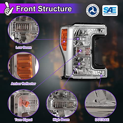 Nixon Offroad Headlights For Ford F-250 F-350 F-450 Super Duty 2017 2018 2019 Head Lights Assembly Halogen Projector Replacement Turn Signal Lights High Low Beam 1 Pair (Chrome Housing/Clear Lens) #TOP4