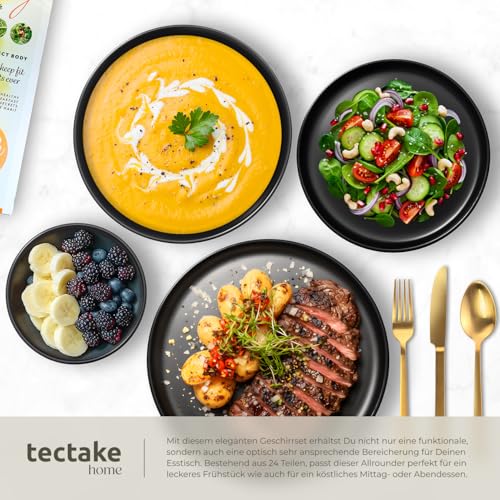 tectake® 24-tlg. Geschirrset, Tafelservice 6 Personen, Steingut Geschirr Set schwarz, Teller Set mit Schalen, Speiseteller, Frühstücksteller, tiefe Teller und Schüsseln - schwarz
