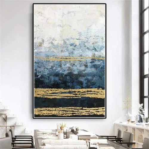 Tableau abstrait sur toile pour habiller un grand mur vide peinture à l'huile bleu et or