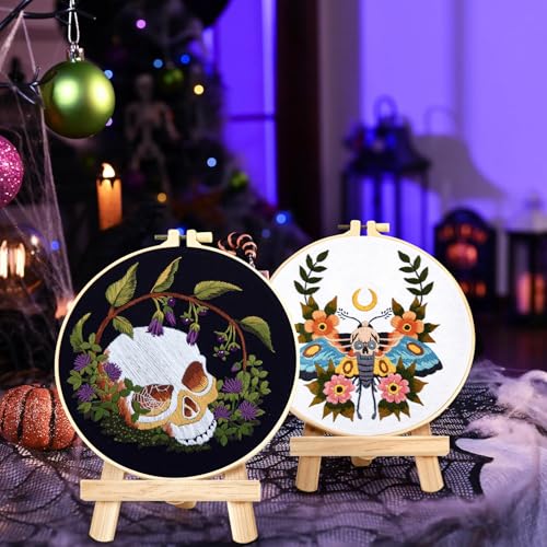 Image of Gothic Skull Embroidery Starter Kits for Beginners Adults, Halloween Stamped Cross Stitch Kit for Beginners Adults, Flowers Hand Embroidery Needlepoint Kit, 2 Embroidery Hoop (Attached Video Tutorial)