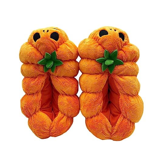 Women Halloween Pumpkin Slippers Winter Warm Fuzzy Plush Slippers Non-slip Indoor House Shoes3