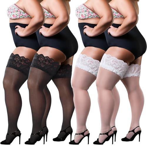 JaGely 4 Pairs of 3 XL Plus Size Thigh High Stockings Black White Nylon Lace Top Silky Pantyhose Semi Sheer Plus Size Hosiery for Women for Thick Thighs