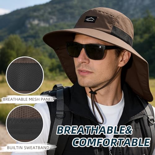 Image of Rosoz Outdoor Sun Hat for Men Women, UPF50+ Protection Safari Cap Wide Brim Mesh Fishing Hat with Neck Flap Beach Garden