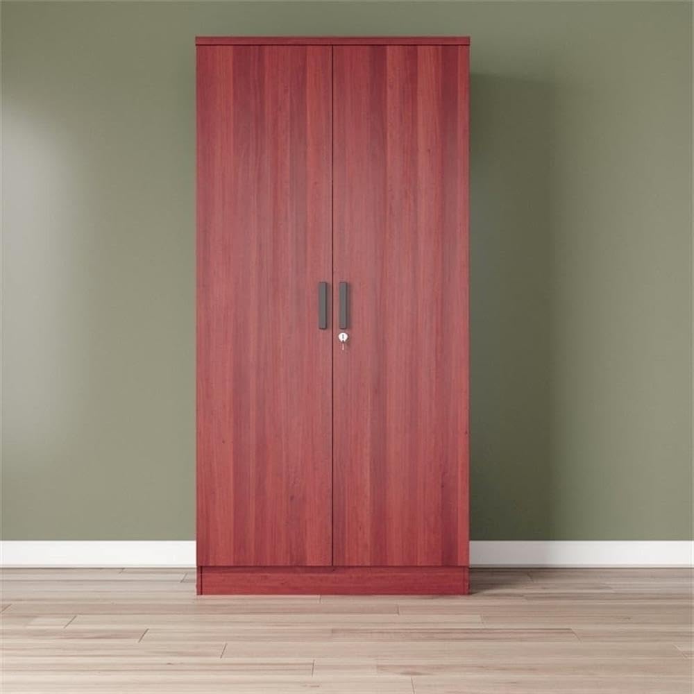Pemberly Row Modern Wood Two Door Armoire Wardrobe Cabinet, 72" H x 31" W x 20" D, Laminated Engineered Wood, Mahogany Finish, Lockable Storage with Shelves and Garment Rod, Bedroom or Workshop Use
