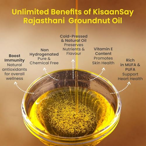 Image of KisaanSay Cold Pressed Groundnut Oil, Pure and Unrefined, 5L Kolhu /Kacchi Ghani /Mara Chekku /Ganuga,Naturally Cholesterol Free, Natural Cooking Oil, Chemical Free (5)