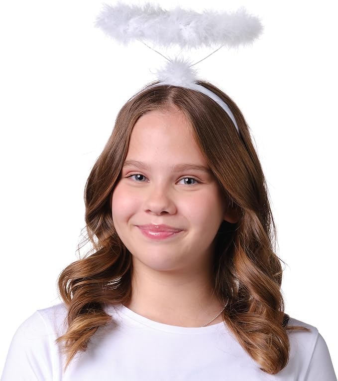 Image of WANNA PARTY White Feathered Angel Halo Headband for Halloween Cosplay Costumes, Fairy Costume Accessory, Angel Wings Headband for Halloween Decoration Items (White)