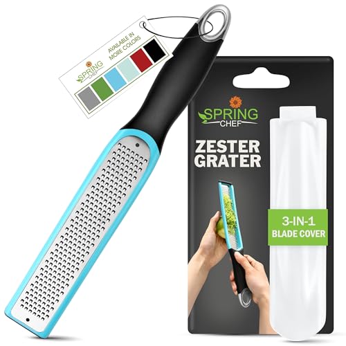 Image of Spring Chef Premium Lemon Zester Grater with Handle - Fruits, Garlic, Chocolate, Ginger Grater - Heavy Duty Kitchen Tool - Stainless Steel Citrus Zester with Blade Cover - Fine Shred - Aqua Sky