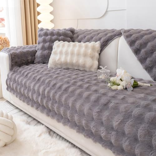 MERRYLIFE Thick Plush Faux Rabbit Fur Sofa Slipcovers 1-Piece Non-Slip Warm Soft Cozy Sofa Cushion Furniture Protector(Grey, Sofa Cushion 70 * 210cm)