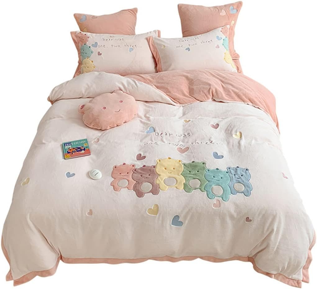 Coral Fleece Four-Piece Milk Fleece Girl Thicken Warm Cartoon Cute Double-Sided Fleece Home Sheet Duvet Cover Bedding (Color : Pink 7-Piece Suit, Size : 2m)