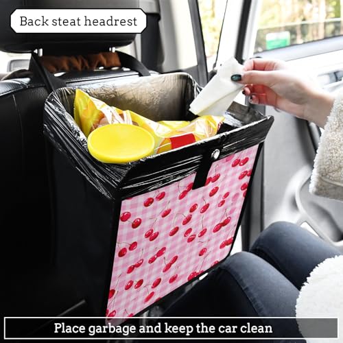 Image of Car Trash Can Organizer Bin with Adjustable Strap for Back Front Seat Console Waterproof Leakproof Collapsible Portable 11 Inch Pink Juicy Checkered Cherry