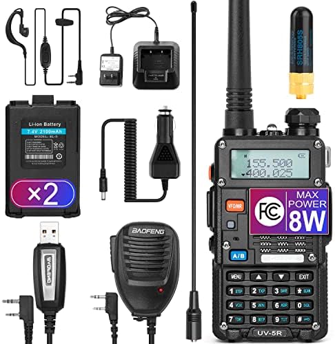 Ham Radio Handheld (UV-5R 8W) Dual Band 2-Way Radio with 2 Rechargeable 2100mAh Battery Handheld Walkie Talkies Complete Set with Earpiece and Programming Cable (3rd Gen)