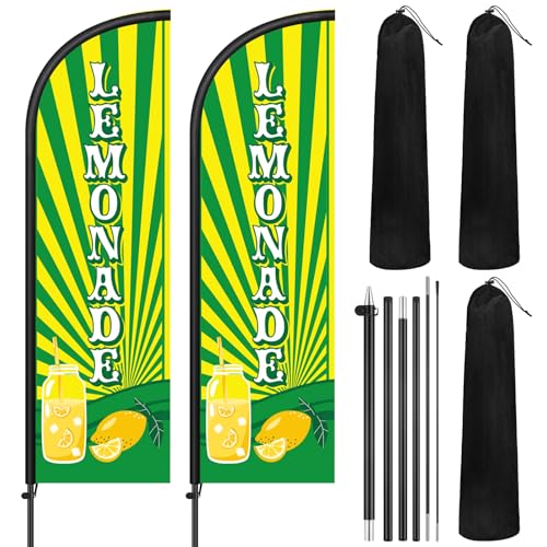 Image of Remagr 2 Pack Lemonade Feather Flag 7 ft Advertising Swooper Flag Sign Windless Lemonade Banner with Pole Kit and Ground Stake for Businesses Restaurants Outside Ground