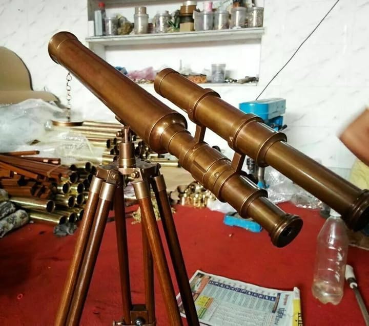 Vintage Double Barrel Brass Telescope with Wooden Tripod Stand, Decorative Nautical Spyglass