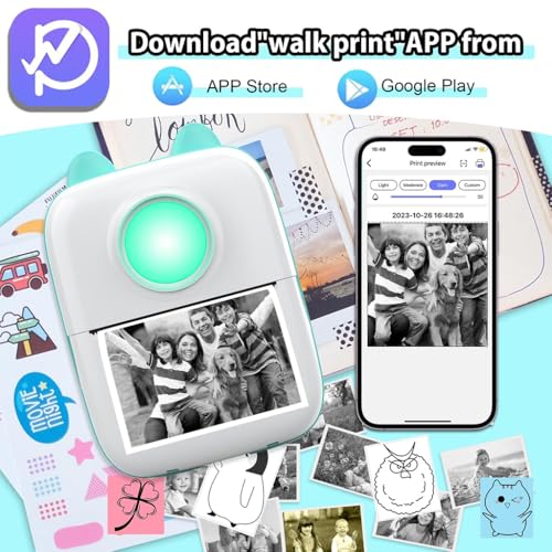 Image of ZEITEL Mini Bluetooth Thermal Printer with LED, Portable Label Inkfree Mini Printer for Android & iOS System, Black on White Thermal Printer with 13 Roll of Paper, 5 Color Pen, 1 Kuromi Sticker, Blue