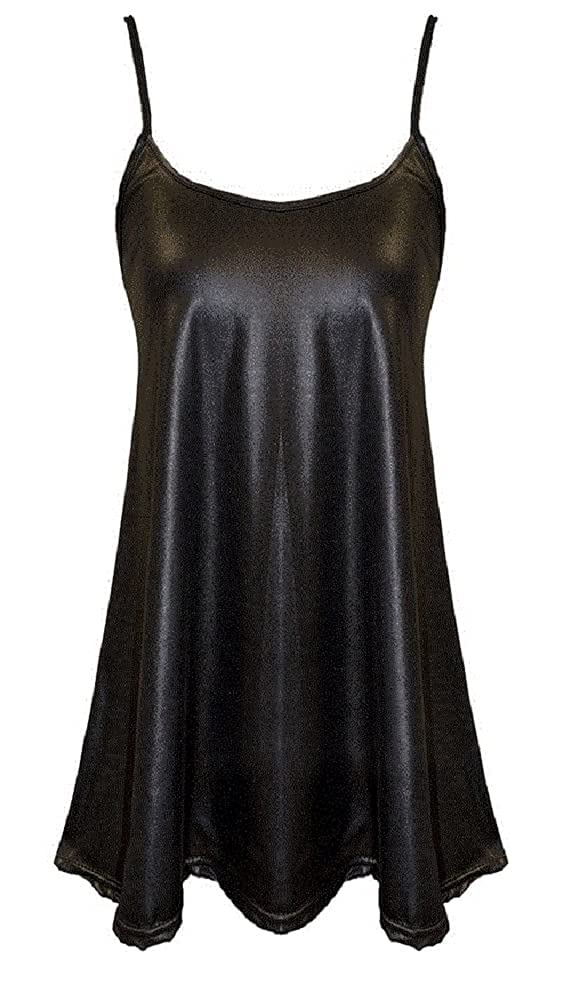FAIRY BOUTIQUE Women Wet Look Strappy Sleeveless Cami Swing Dress Top Plus Size PVC Party Dress(Black UK 16-18)