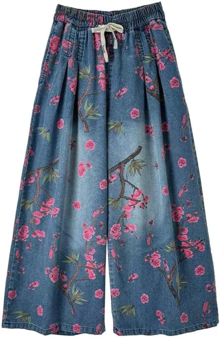 Duberess Women's Floral Print Destressed Wide Leg Jeans Summer Loose Fit Cropped Denim Pants with Elastic Waist