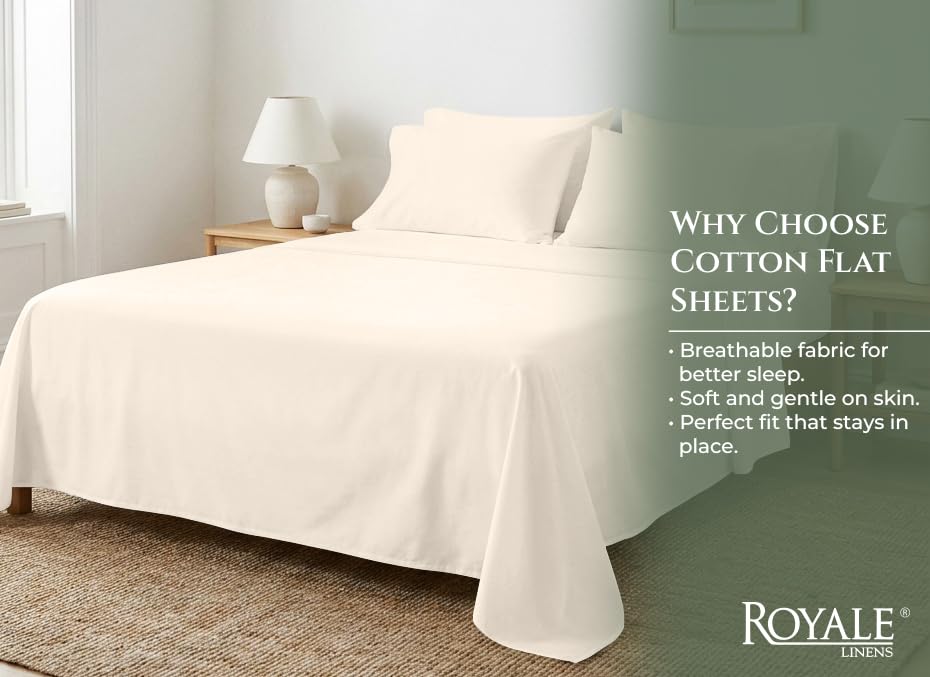 Image of Royale Linens 100% Organic Cotton Full Size Flat Sheet Only - Percale Top Sheets - Full Flat Sheet Sold Separately - Lightweight & Super Soft 100% Cotton Cream Bed Sheets Only (81 inch x 96 inch, Cream)