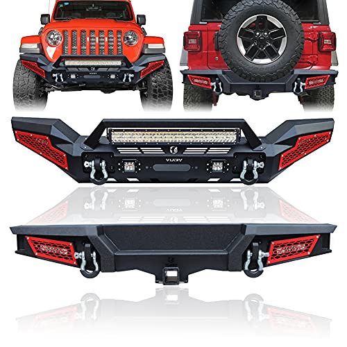 TIOYAR Front and Rear Bumper Compatible with 2018-2025 Jeep Wrangler JL JLU w/Winch Plate & 4 4.75T D-Rings & 7 LED Lights & Hitch Receiver Kit