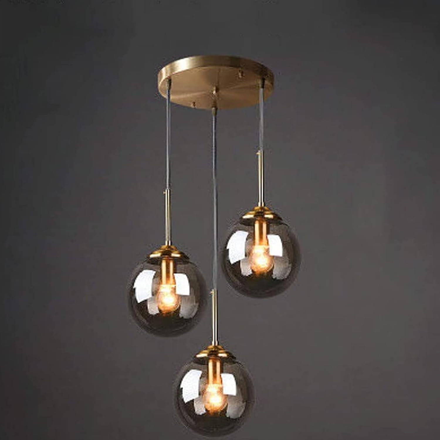 Lustre en laiton vintage industriel à 3 lumières Transparent/Gris fumé/Boule de verre ambre Suspension Cluster E27 Suspension pour îlot de cuisine Salon