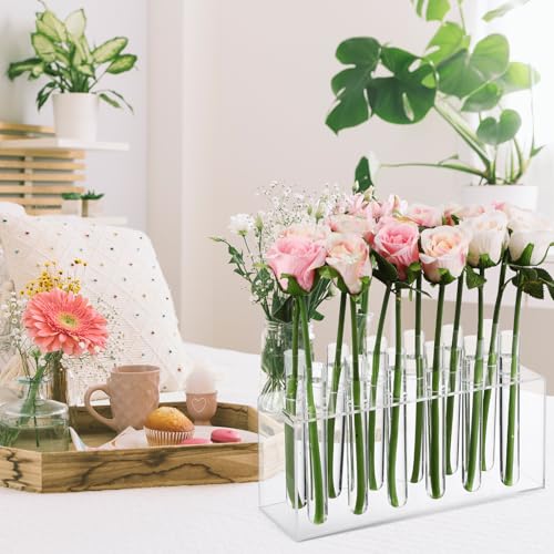 image for Happyyami 12 Pcs Acrylic Floral Tubes with Rack, Transparent Flower Ho
