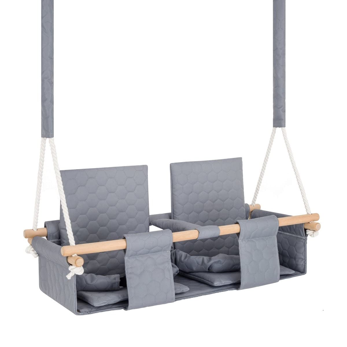Altalena doppia per interni esterni, doppia seduta sicura con cinture, in legno naturale, 9-4 anni, carico 30 kg, grigio chiaro