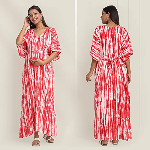 Image of Maternity Dress for Women with Breastfeeding Zippers | Kaftan Dress | Adjustable Belt for Growing Belly | Feeding Dress for Pre & Post Pregnancy