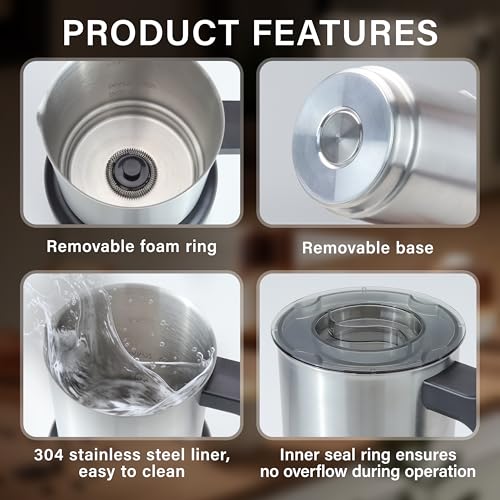 Image of 4 in 1 Milk Frother and Steamer, 500ml Stainless Steel Electric Foam Maker | Dial Control & LED Indicator, Hot & Cold Milk Frother, Non-Stick, Silent, Dishwasher Safe, Latte, Macchiato, Hot Chocolate
