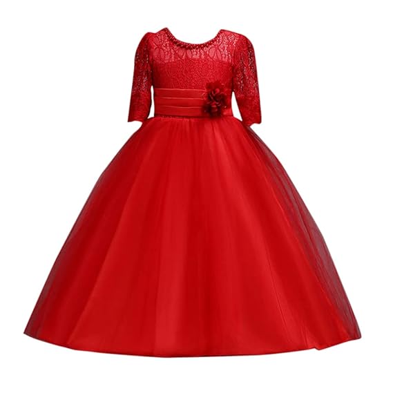 Hopscotch Girls Polyetser Half Sleeves Solid Gown in Red Color