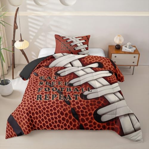 Image of Feelyou Football Comforter Set Twin Size Rugby Bedding Set for Kids Boys Girls Eat Sleep Sports Theme Duvet Quilt Bedroom Decor Microfiber 2 Pcs with 1 Pillow Case