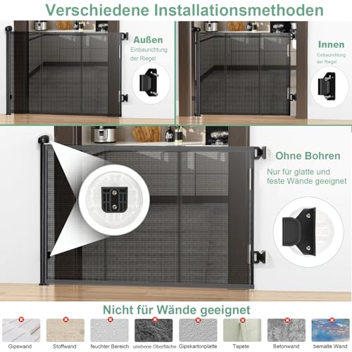 Treppenschutzgitter Ausziehbares Ohne Bohren Türschutzgitter für Babys, Babygitter & Hundegitter,140 cm Breite, 80 cm Höhe, Türschutzgitter für Treppe/Türen/Korridore/im Freien