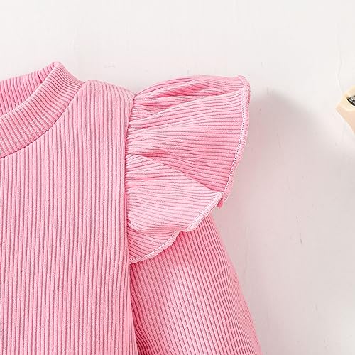 Image of OPAWO Toddler Long Sleeve Shirt Girl Ruffle Sleeve Ribbed Tops Tees Blouses