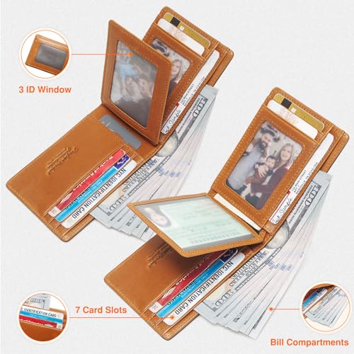 Chain Wallets for Men, Genuine Leather Purse RFID Blocking Bifold Wallet with Wallet Chain, Pickpocket Proof Slim Chain Wallet for Men (Yellowish brown)2