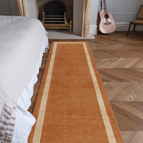 Image of Lord of Rugs Almar Border Wool Rug for Classic Modern Home Living Room Bedroom Lounge Plain Carpet Luxury Area Soft Hand Tufted Rug Orange Hallway Runner 68x240 cm (2'3"x7'11")