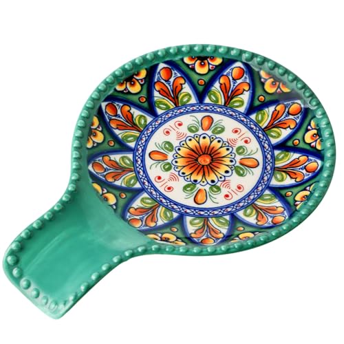 JINGUS Spoon Holder for Kitchen Counter, Large Ceramic Spoon Rest for Stove Top, 7.7 Inch Heat-Resistant Cooking Utensil Rest for Spatula, Ladle and Tongs, Great for Housewarming, Bohemian Green