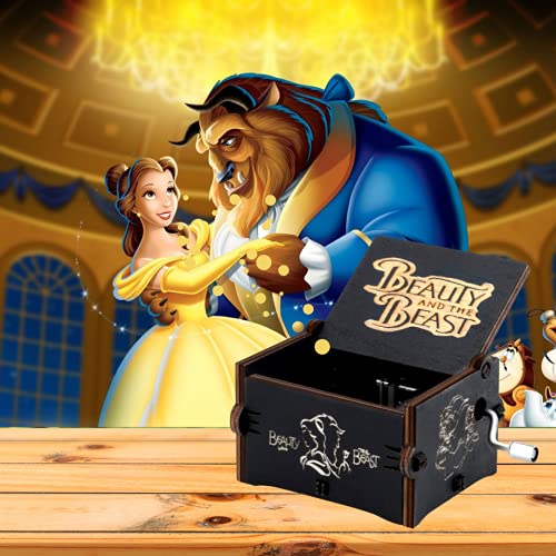 Image of Beauty and The Beast Music Box Hand Crank Musical Box Beauty & Beast Theme Carved Wooden Music Boxes Gift for Kids Friends Family Musicbox Black