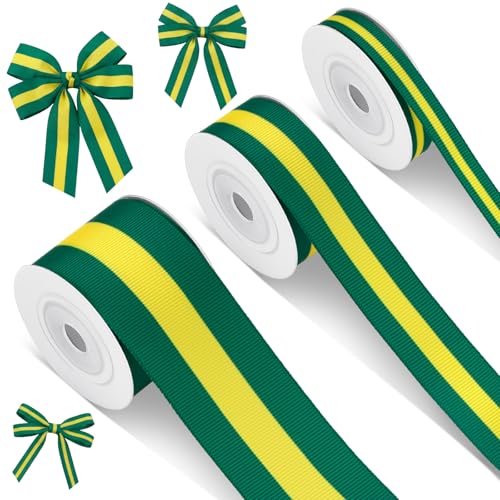 Cunno 3 Rolls Green Gold and Yellow Stripe Grosgrain Ribbon Decorating Material Double Face...