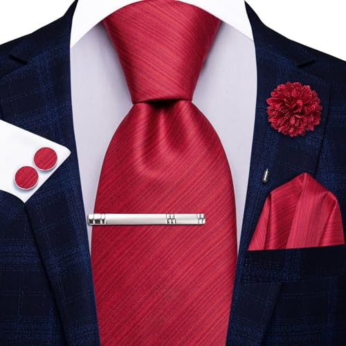 Image of Hi-Tie Solid Bright Red Mens Silk Woven Ties Set Classic Neckties and Pocket Square Lapel Pin Silver Tie Clip Cufflinks Set Wedding Business 6PCS