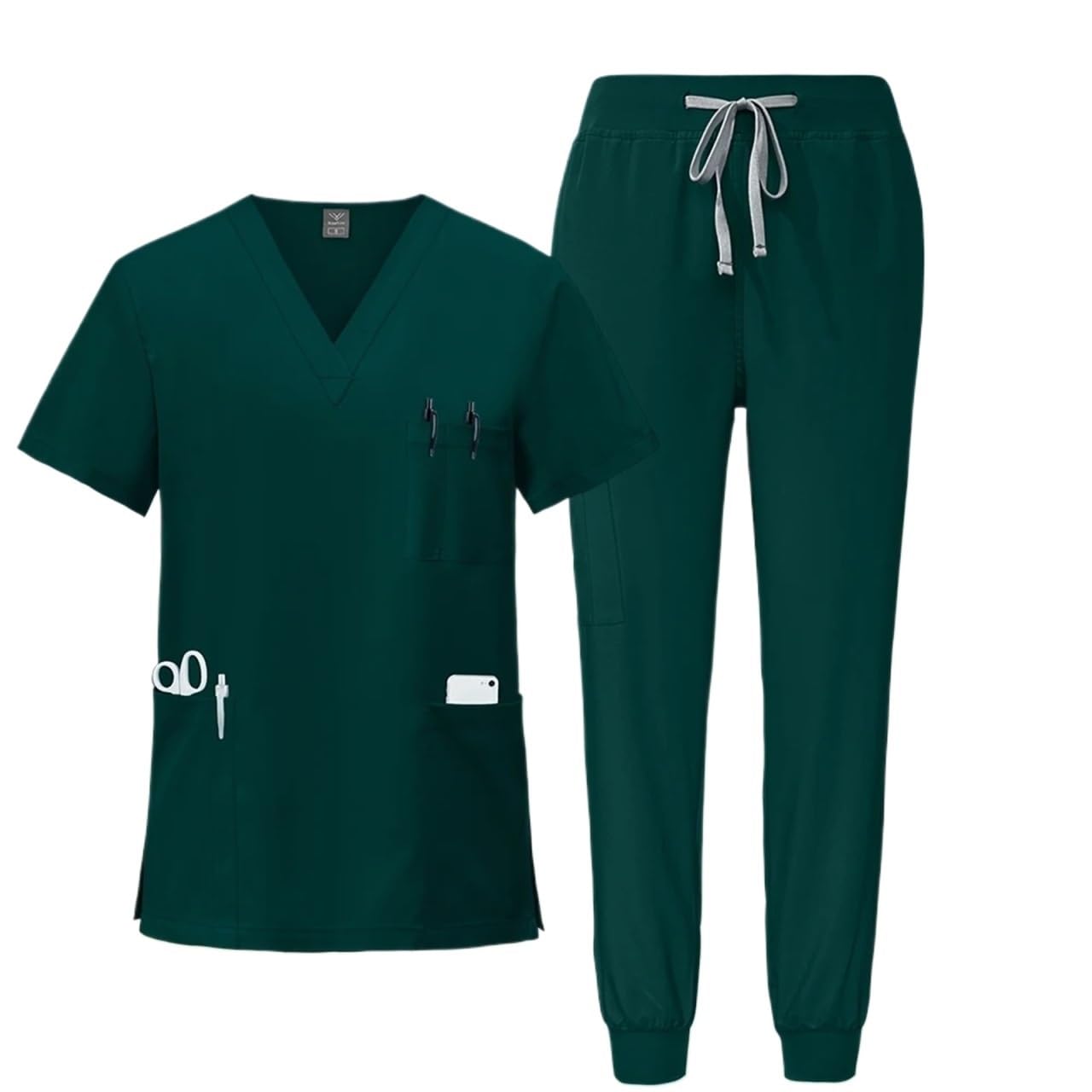 Uniforme Sanitario Unisex Uniformes médicos, Ropa de Trabajo enfermería, Camiseta con Cuello en V y Bolsillo, Pantalones Deportivos, Conjunto Uniforme quirúrgico clínico(Dark Green,XL)