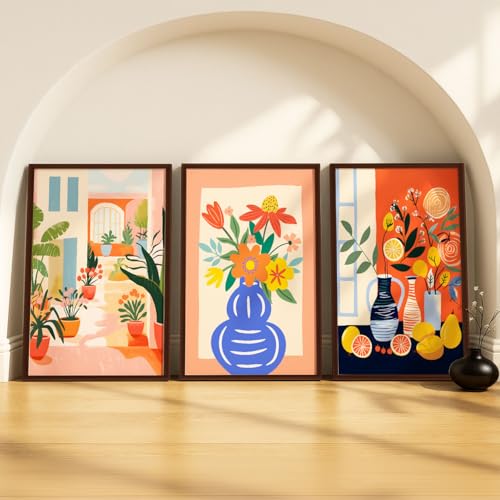 Image of SoulAbiti Sunny Still Life Botanicals set of 3 Framed Wall Print 12x18 inch Dark Brown Frame Plexi-Glass Floral Art ready to hang for living room bedroom office decor